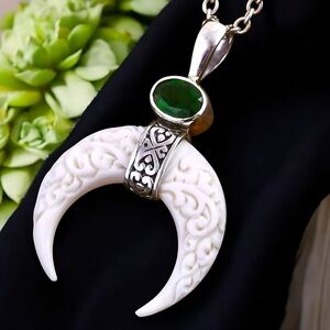 Hand Carved Bone Crescent Moon Sterling Silver Natural Chrome Diopside Pendant
